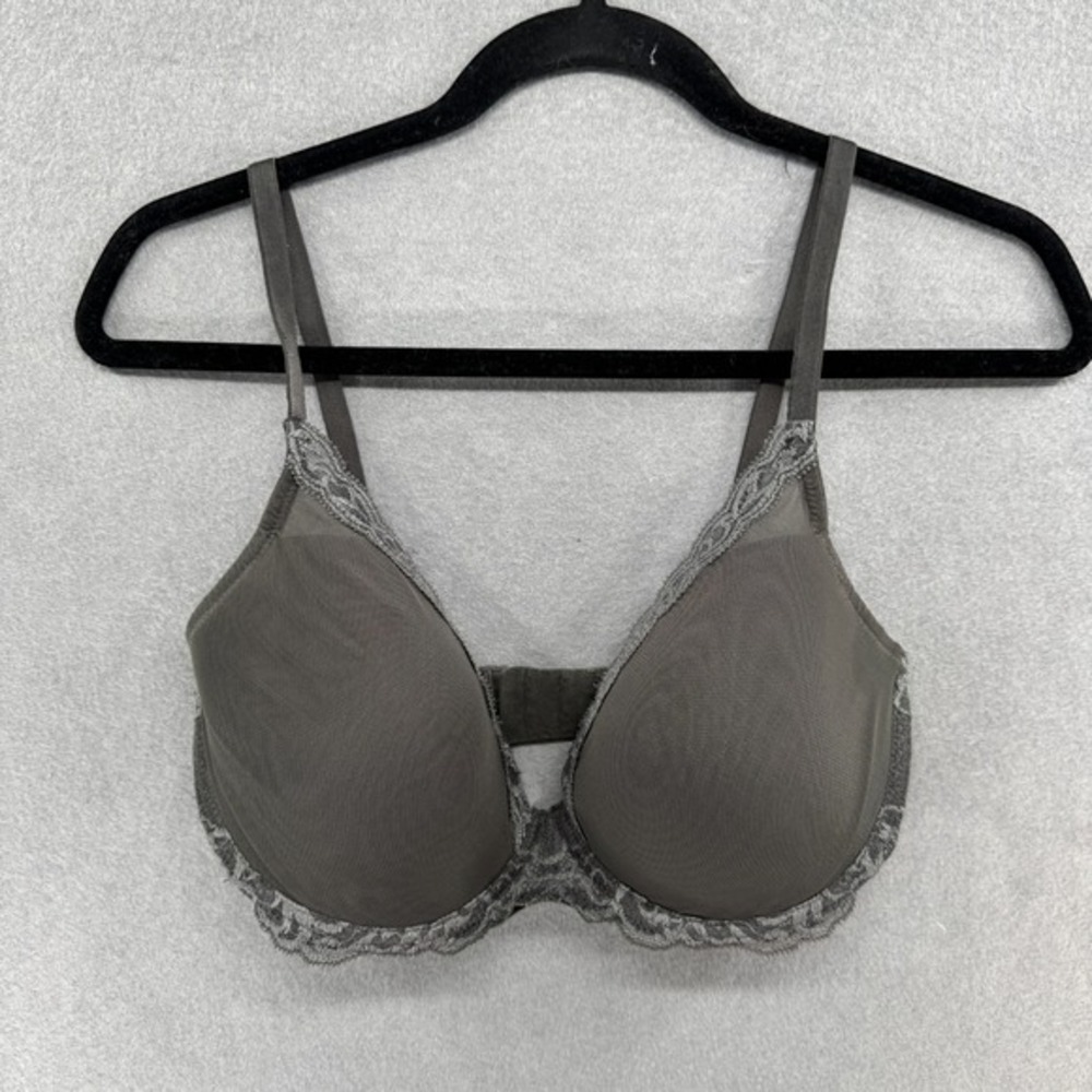 Natori T-Shirt Bra Size 34DDD Gray Feathers Contour Plunge Underwire Lace Trim‎